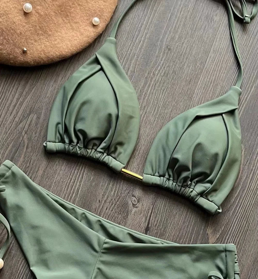 New Solid Color Bikini Set 2026 Women's Swimsuit Hanging Neck Rope Split Swimsuit 2-piece Set Summer Beachwear