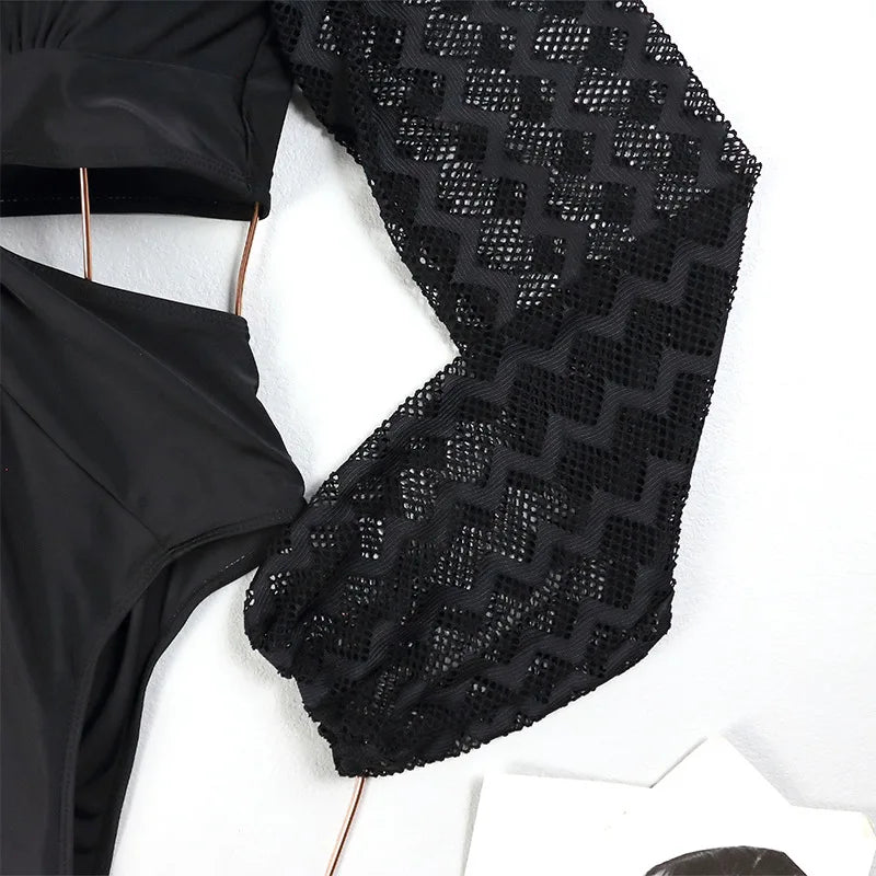 One Piece Swimsuit Sexy Long Sleeve Tropical Print Swimwear Women Bandage Monokini Hollow Out Bathing Suit String Beachwear 2023
