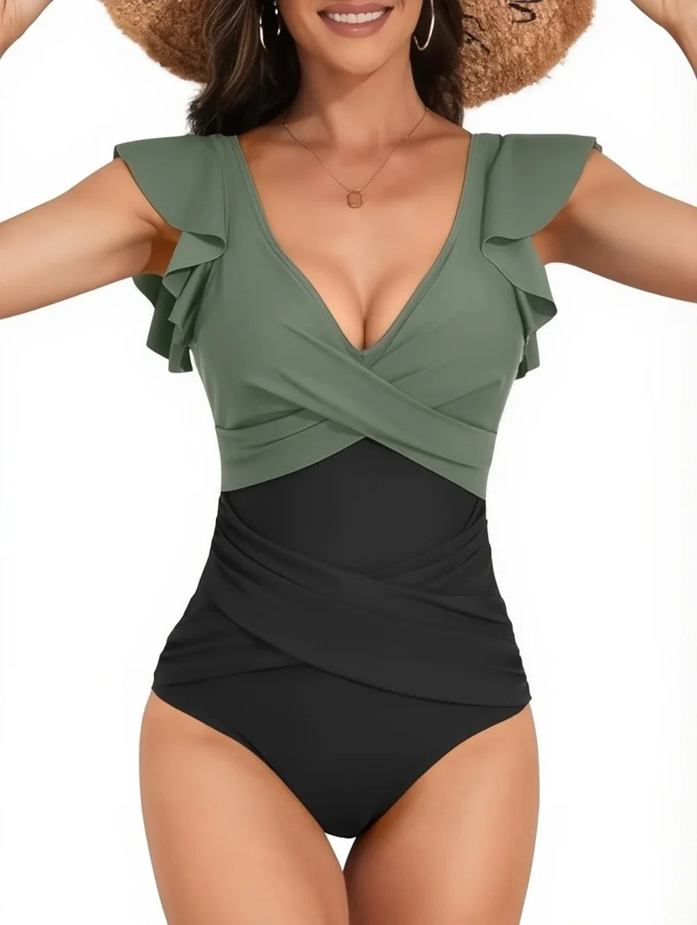 2026 Sexy Ruffle Swimsuit One Piece V-neck Drawstring Swimwear Women Bathers Bathing Swimming Swim Suit Female Beachwear XXL
