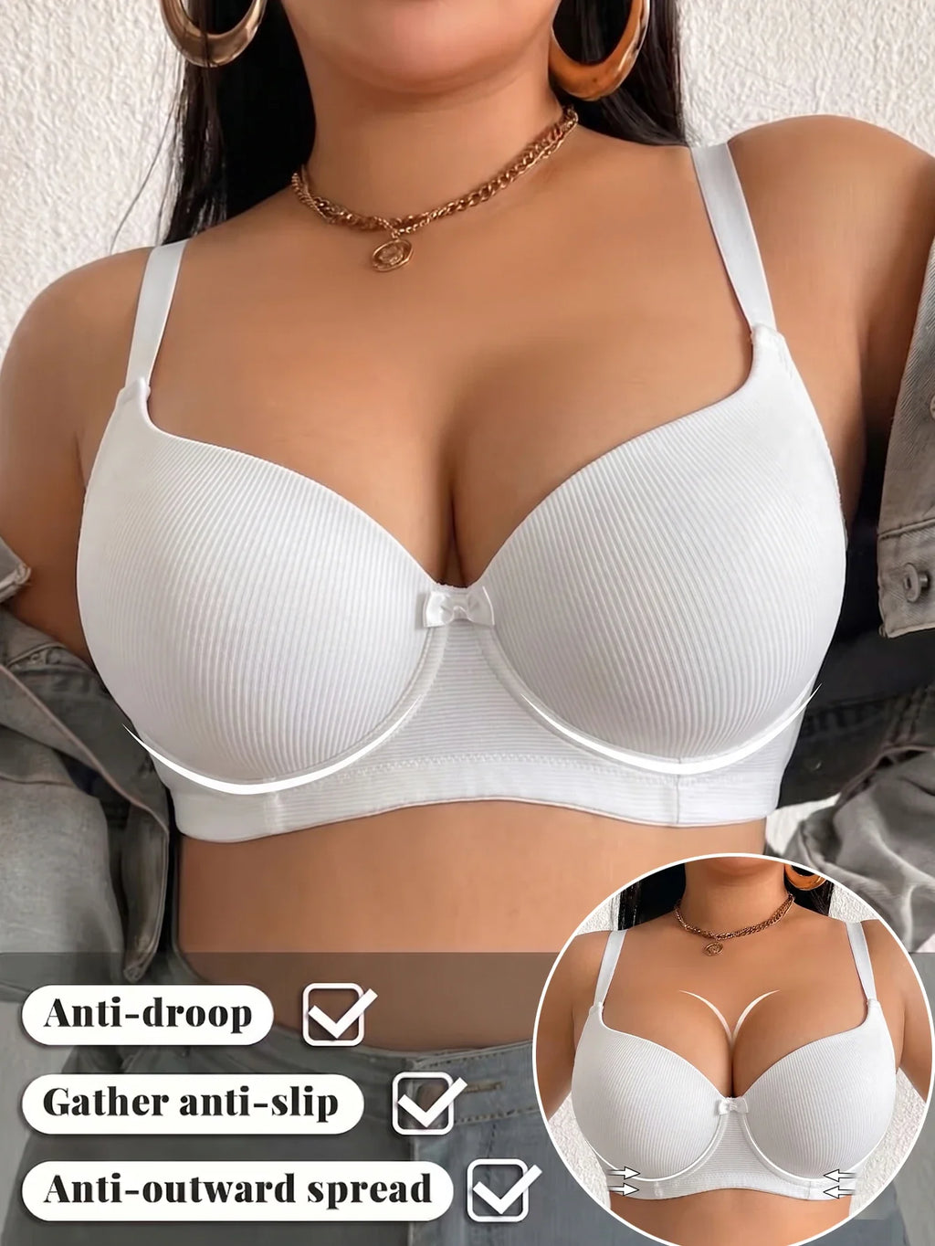Plus Size Women's B C D Thin Cup Ribbed Push Up Bra Wide Straps Underwire Side gather Lingerie Comfort Ladies Brassiere
