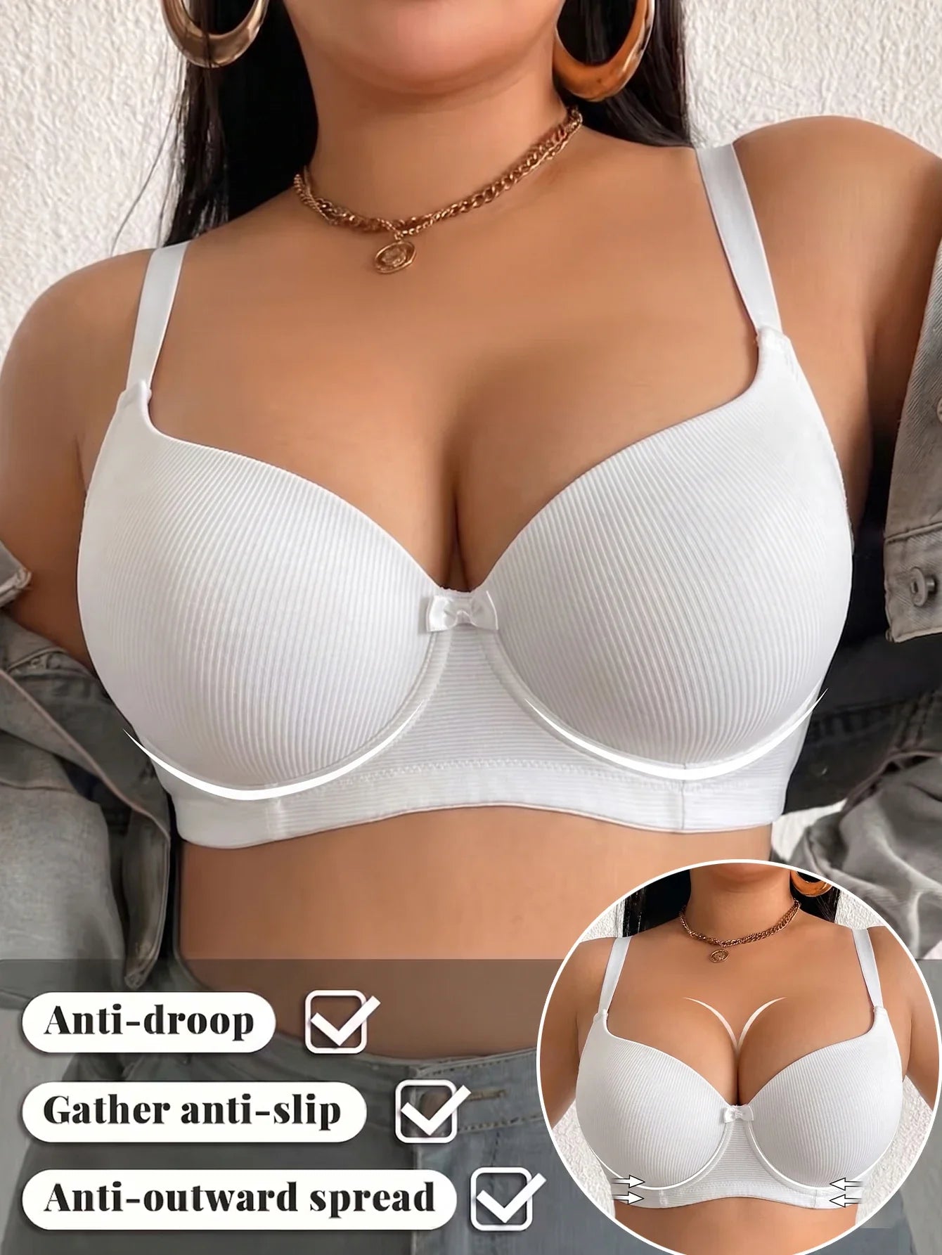 Plus Size Women's B C D Thin Cup Ribbed Push Up Bra Wide Straps Underwire Side gather Lingerie Comfort Ladies Brassiere