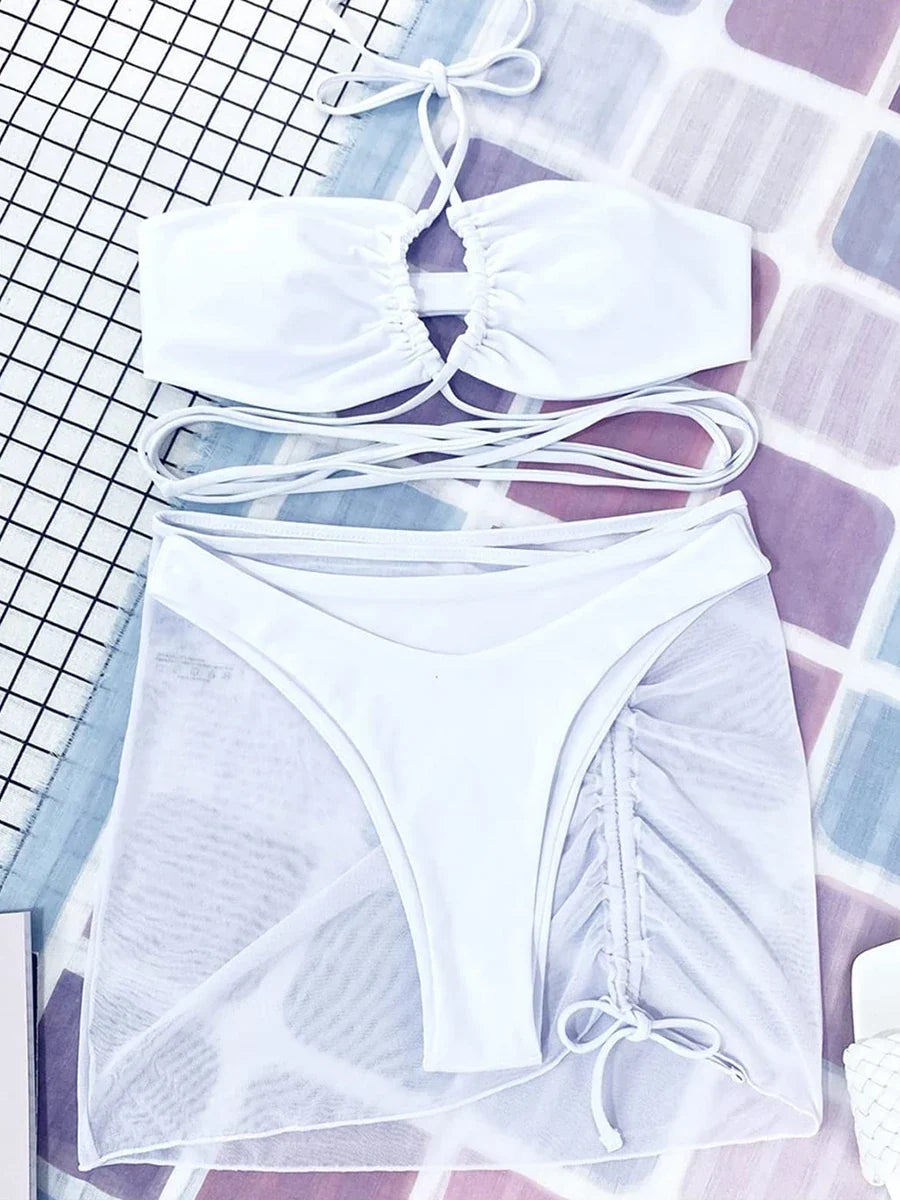 3 Pieces Criss Cross Halter Bikini 2026 Women & Beach Skirt Swimwear Female Sexy Swimsuit Beachwear Bathing Swimming Suit