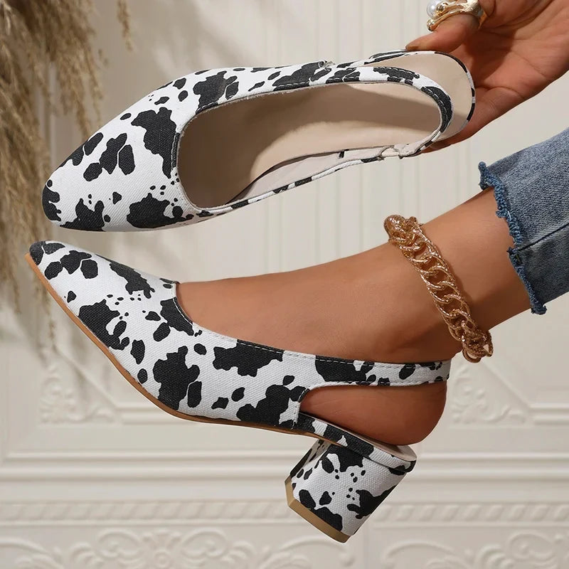 Zoki Fashion Leopard Print Thick Heel Sandals Women Back Strap High Heels Sandals Woman Plus Size 42 Pointed Toe Slingbacks