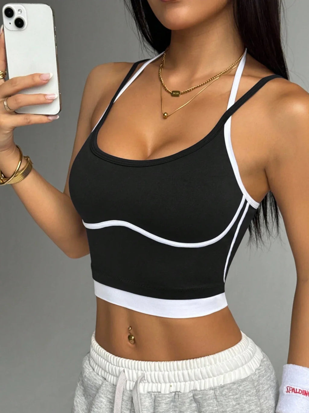 Women's Contrast Trim Halter Crop Cami Top - Sleeveless Ribbed Fitted Yoga Sports Bra Tank Top for Workout Gym Casual
