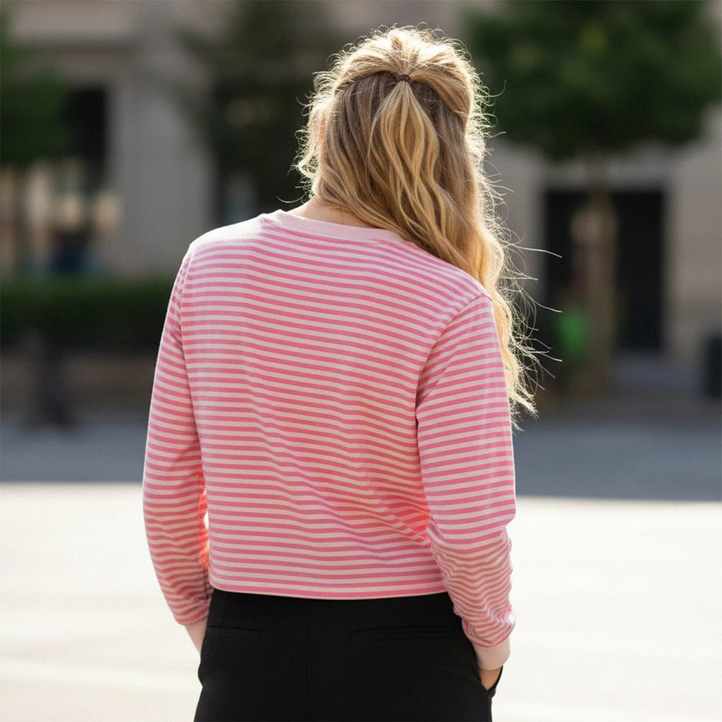 Spring Autumn Casual Loose Tops for Women Long Sleeve Round Neck Loose Fit Striped Print T-shirts