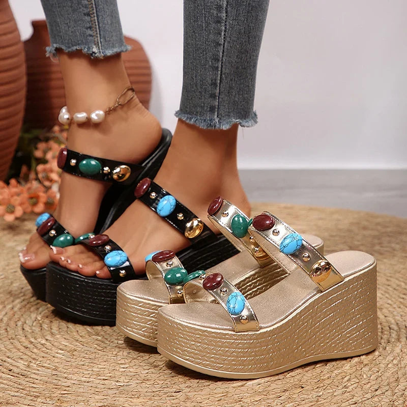 Fashion Gems Chunky Wedges Sandals Women Summer Plus Size 43 Platform Slippers Woman 2026 Gold Super High Heeled Sandalias Mujer
