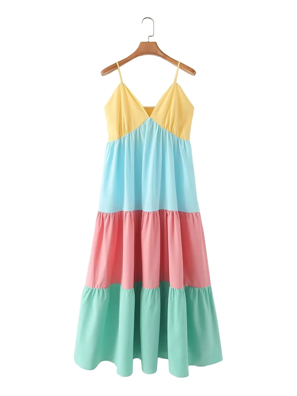 Foridol Multicolor Patchwork V Neck Sundress Smocked Strap Sleeveless A-line Female Midi Casual Summer Women Vestidos 2025