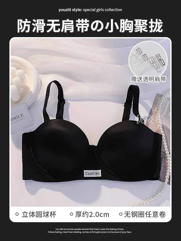 MOYISU 2025 Summer Bra Small Bust Strapless Anti Slip Half Cup Seamless Lift Enhancer Anti Sagging Breathable Invisible Bralette