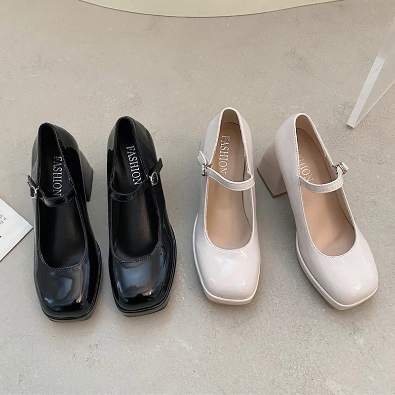 Patent Leather High Heel Mary Jane Shoes Women Elelgant Buckle Strap Platform Pumps Woman Chunky Heels Punk Lolita Shoes Female