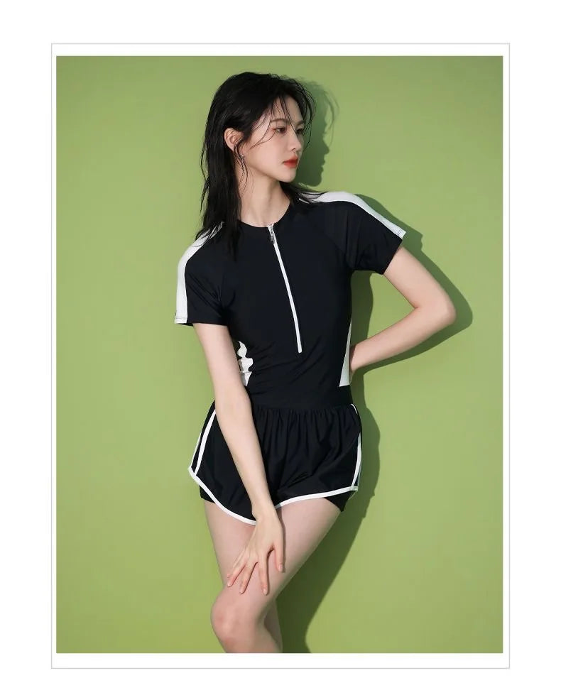 New Women's Swimsuit, One-piece Coverage Slimming Effect  Conservative Sports Style Hot Spring Flat Leg Pants Swimsuit Plus Size