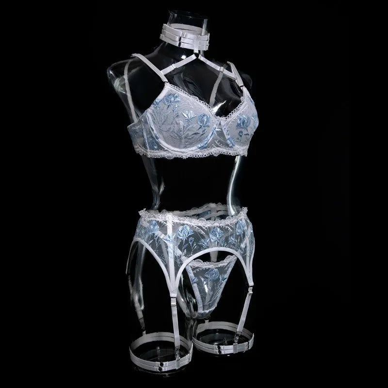 Toucheart Sexy Lingerie Set Lace Patchwork Embroidery Bra Set For Women Perspective Sexy Hanging Neck Underwear Garter Stockings