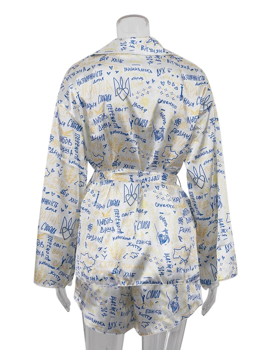 Marthaqiqi Fashion Ladies Nightgowns Suit Turn-Down Collar Robe Lace Up Pajama Long Sleeve Sleepwear Shorts Printing Nightie Set