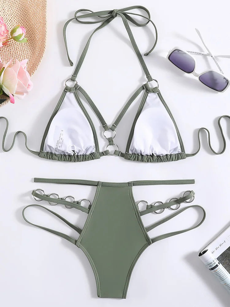 2025 Sexy Halter Strappy Metal Rings Bikini Women Swimwear Female Swimsuit Two-pieces Bikini set High Cut Bathing Suit Swim Lady