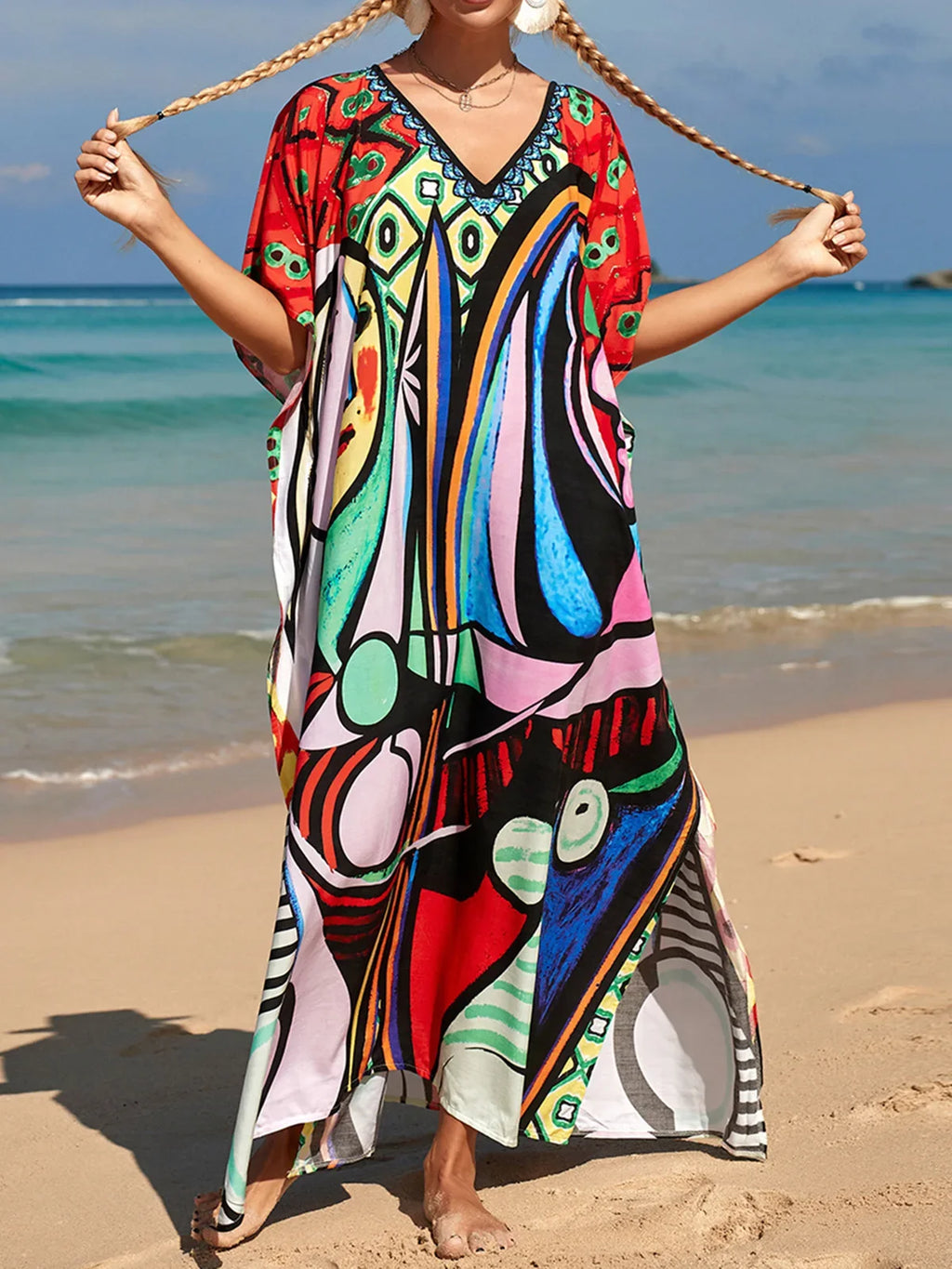 2026 New Colorful Kaftan Tunic Beach Dress Beach Wear Beachwear Beach Cover Up Cover-upsLoose Maxi Dress Female Women V4428