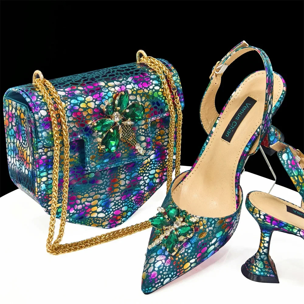 Doershow New Arrival African Wedding Shoes and Bag Set gold Color Italian Shoes with Matching Bags Nigerian lady party  1-12
