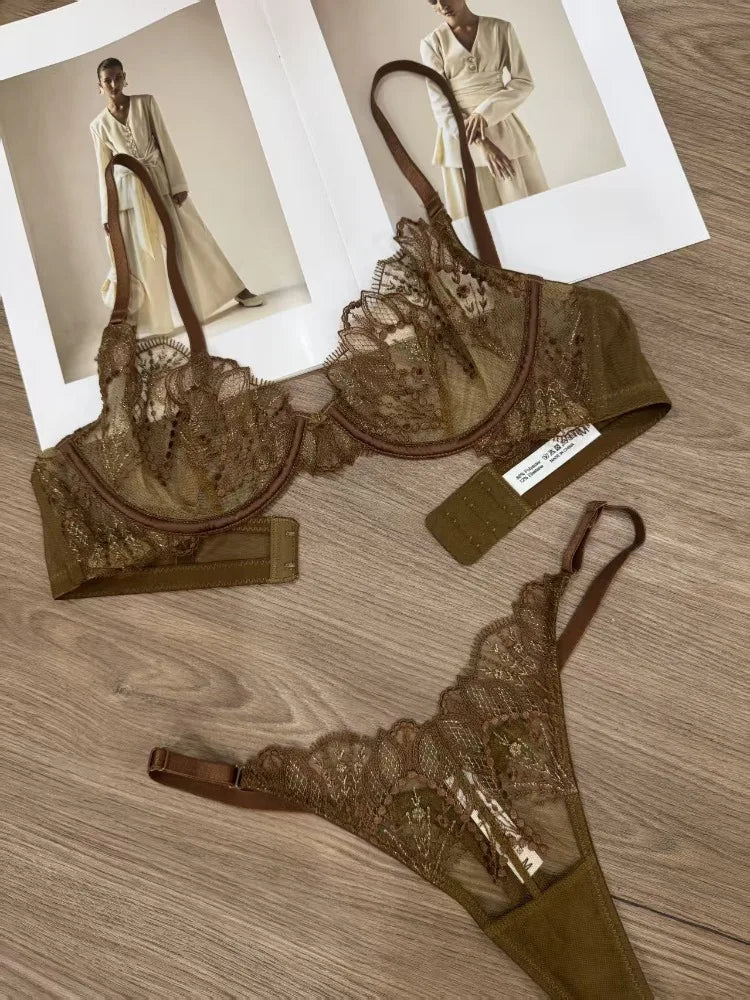 Toucheart Erotic Lingerie Panty 2PCS Thin Model See-through Lace Big Breasts Appear Smaller and Prevent Sagging Delicate Bra Set