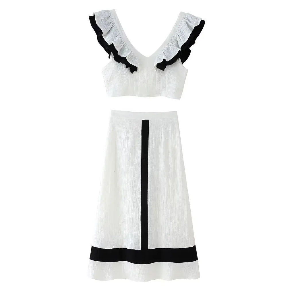 Women's Contrast Color V-Neck Ruffle Top And Skirt Women White Ruffle Trim Crop Top Skirt Casual Summer Outfit Pure Desire 0U19