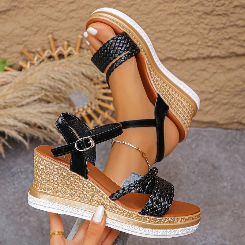 2026 Weave Wedge High Heel Sandals Women Summer Chunky Platform Rome Sandals Woman Plus Size 43 Ankle Buckle Thick Sole Sandles