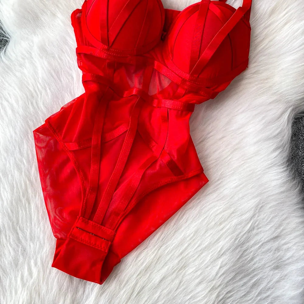 MOYISU Sexy Western Style Bodysuit for Women Sheer Net Halter Push Up Pads Summer Lingerie Figure Control See Through Hot Sale