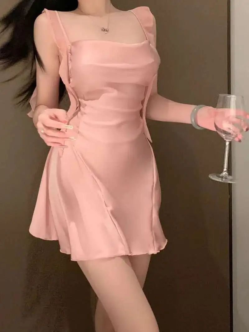 New girls' suspender pink chiffon patchwork satin lace nightclub new sexy slim fit nightgown home satin uniform qqny dress E7BX