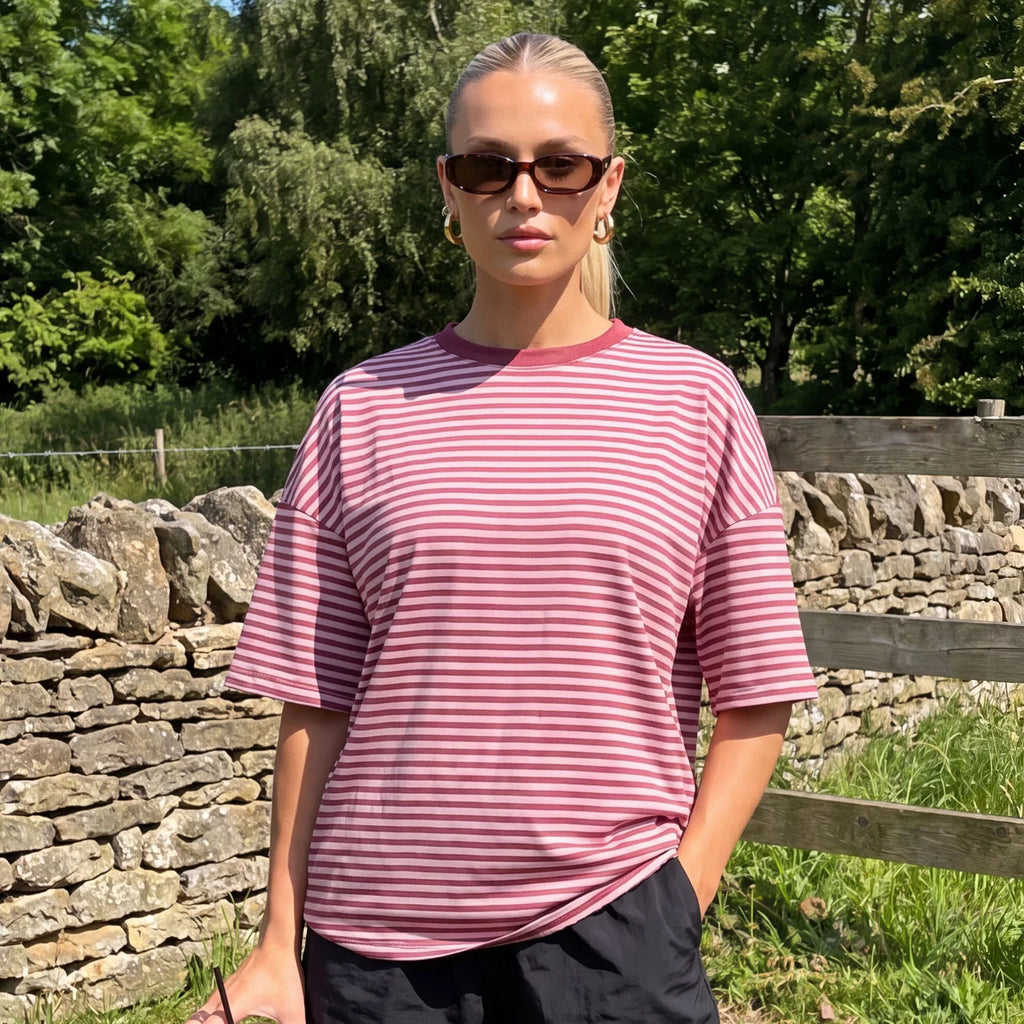 Summer Women's Loose T-shirt Casual Stylish Striped Crew Neck Short Sleeve Drop Shoulder Tee Tops