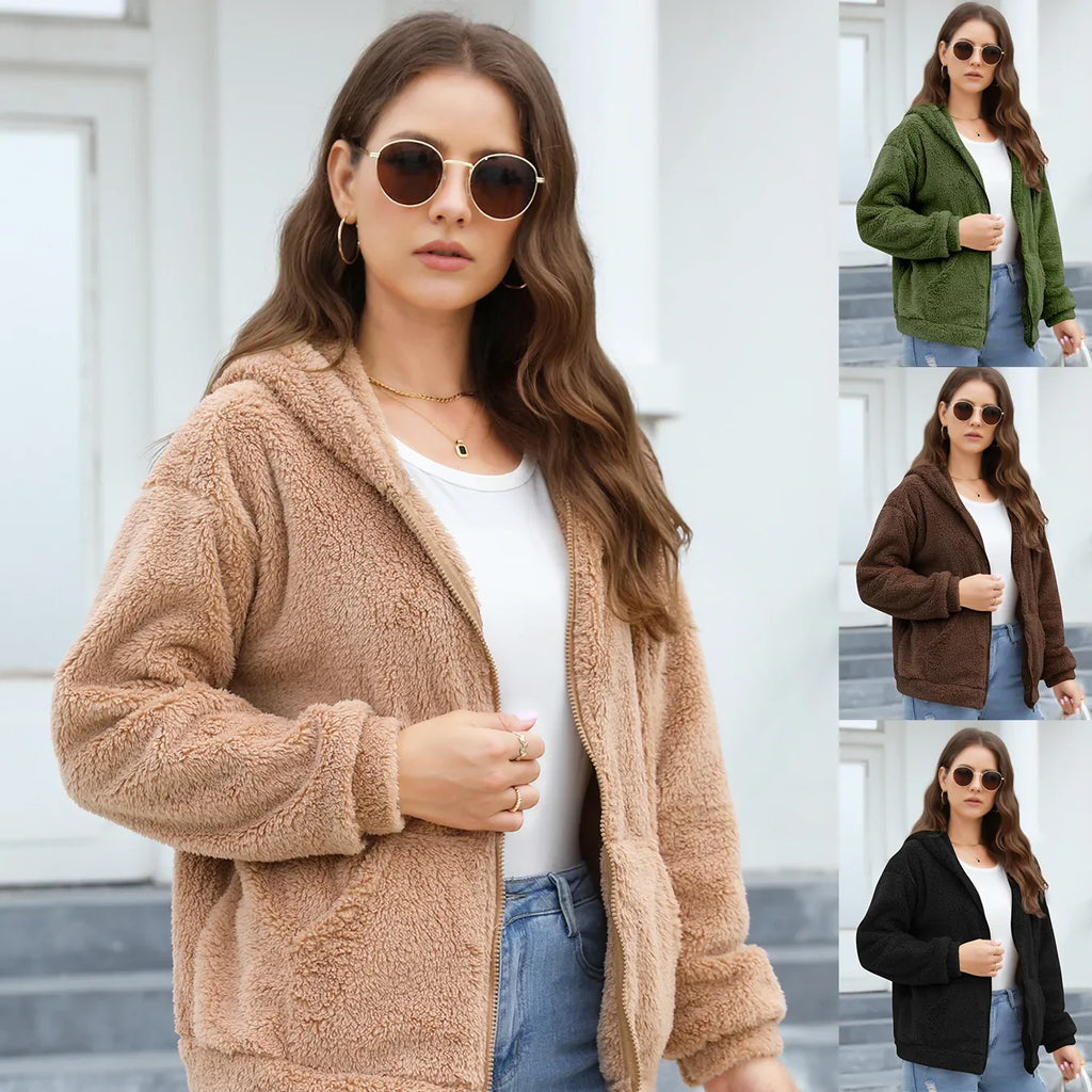 Phantasy Woman Hooded Fleece Coat Womens Casual Jacket Soft Heavy Autumn Winter Solid Hooded Jacket Ladies Outwear Overcoat