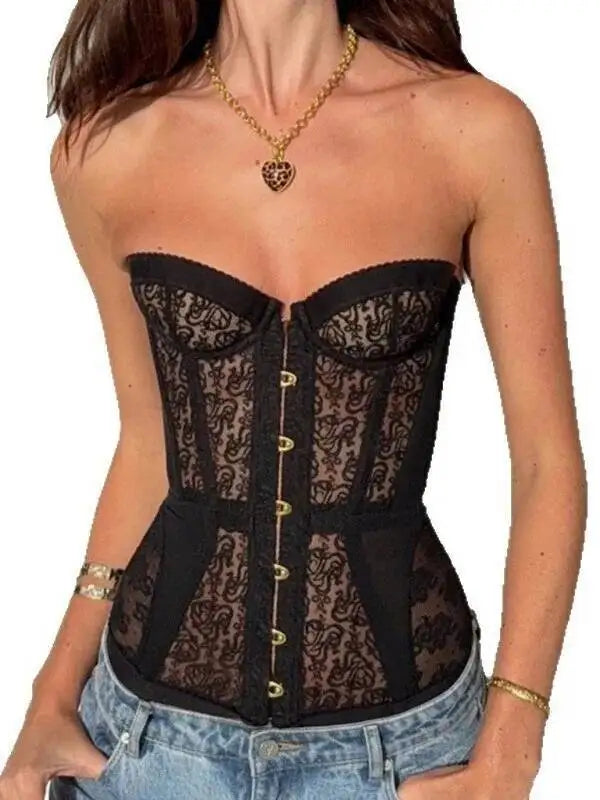 Spring Summer Sexy Hollow Out Waist Fishbone Strapless Shaping Top Slim Lace Corset Transparent Body Shaping Underwear G9N8