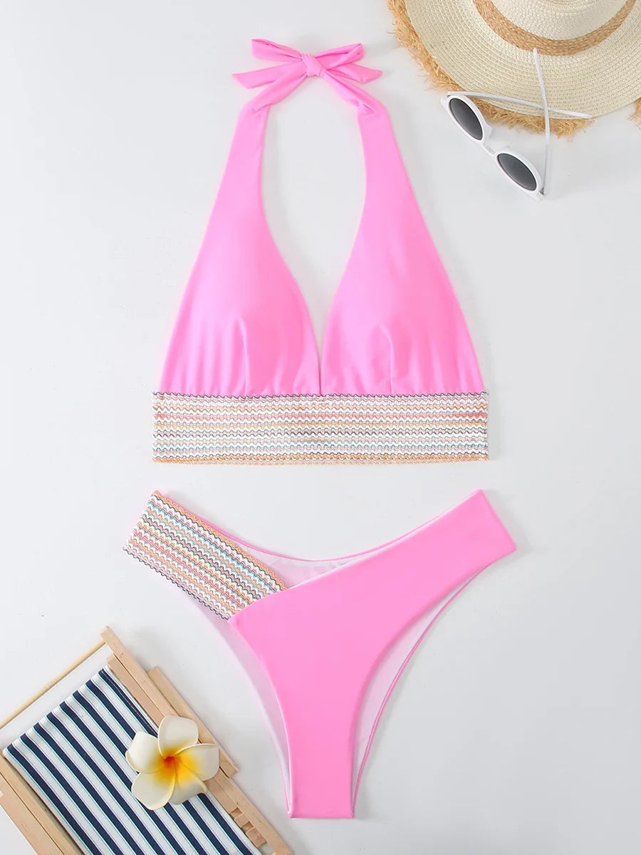 Halter Bikini 2025 Solid Bandage Swimsuit Women Padded High Cut Swimwear Female Bathers Bathing Swimming Swim Suit Beachwear