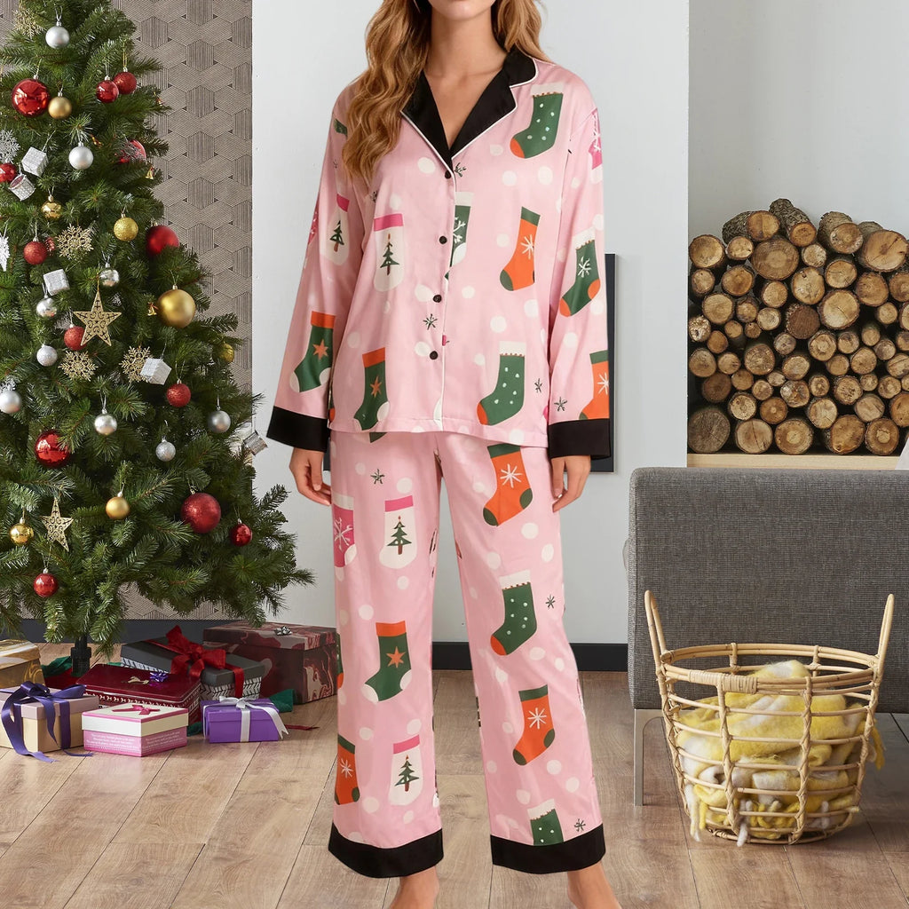 Women's Christmas Pajamas Set Long Sleeve V Neck Stocking Tree Print Tops and Pants Lounge Wear Two Pieces Suits