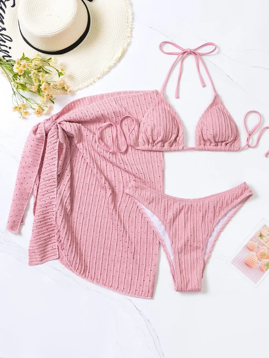3pcs Sarong Beach Cover Up Skirt Wrinkled Bikini Women Swimwear Female Swimsuit Three-pieces Bikini Set Bathing Suit Swim Lady