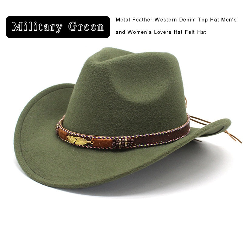 Women Men Wide Brim Floppy Cowboy Hat Western Style Wool Felt Flat Top Cap Classic Vintage Bowler Hat Party