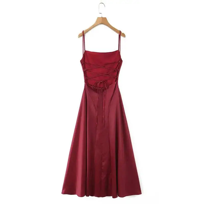 Australian Women's Back-cross-strap Hollow-out Camisole Dress With Chest Pleats Slim-fit Waist And Long Skirt Pure Desire ZJBL