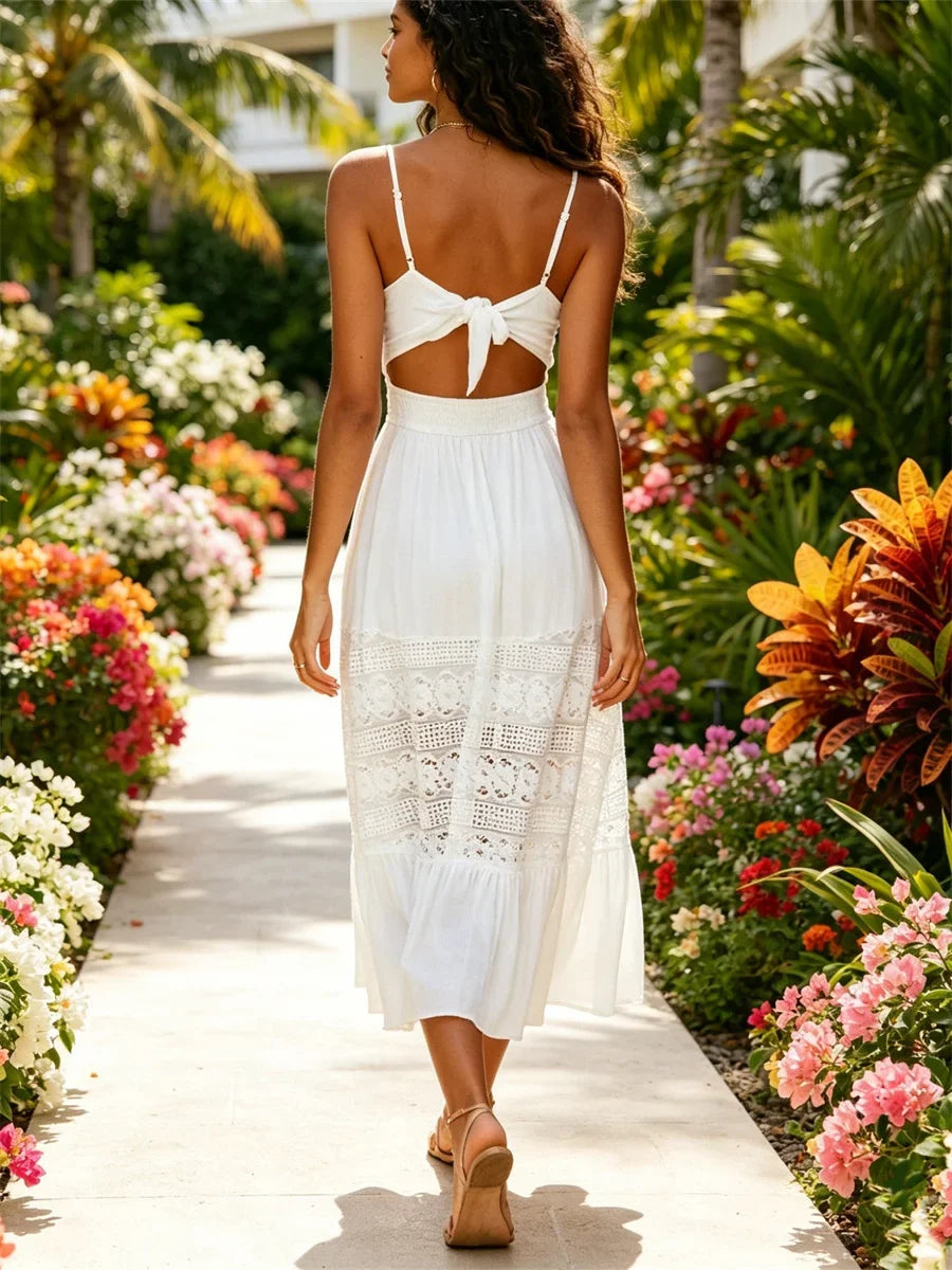 Women Lace Floral Long Dress Sleeveless Loose A-line Dress 2026 Summer Bohemian Casual Sexy Chic Dresses