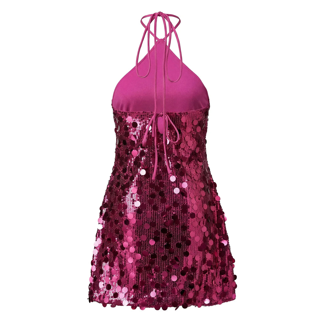 Women Halter Dress Sparkly Sequin Mini Dresses Clubwear Party Date Outfits Sexy Bodycon Dress Sexy Sleeveless Backless Dress