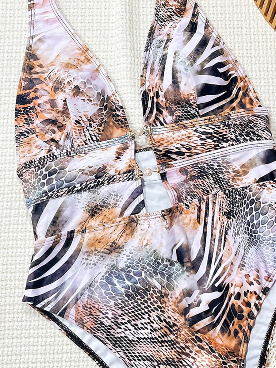 Tiger Printed Halter Deep V Neck One Piece Swimsuit Women Swimwear Female Backless Monokini High Cut Bathing Suit Swim Bodysuit