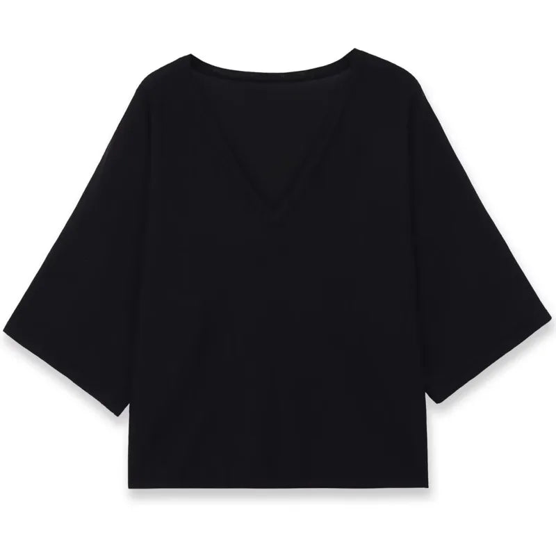 Fashion Casual Short Sleeve Knit Top Women Black White V Neck T Shirt Loose Fit Casual Short Sleeved Top For Summer Elegant E9OJ
