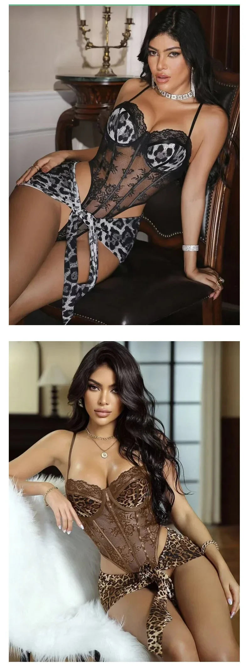 Leopard print sexy nightgown with underwire push-up jumpsuit and apron set | Free Pajamas w/ Purchase