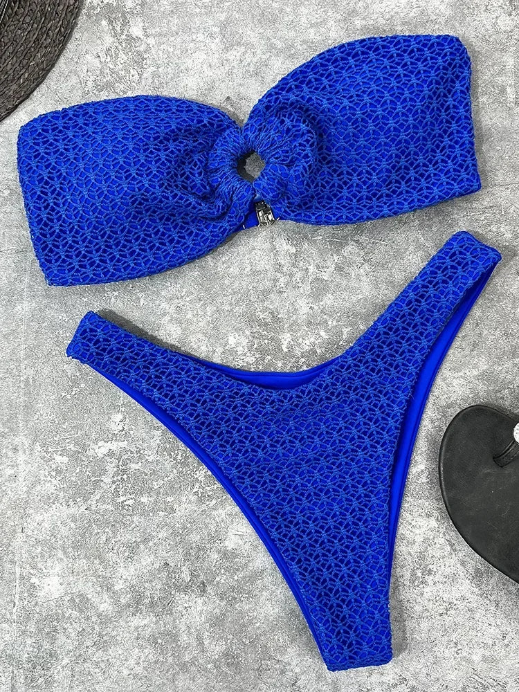 Wrinkled Fishnet Strapless Bandeau Bikini Women Swimsuit Female Swimwear Two-pieces Bikini set High Cut Bather Bathing Suit Swim