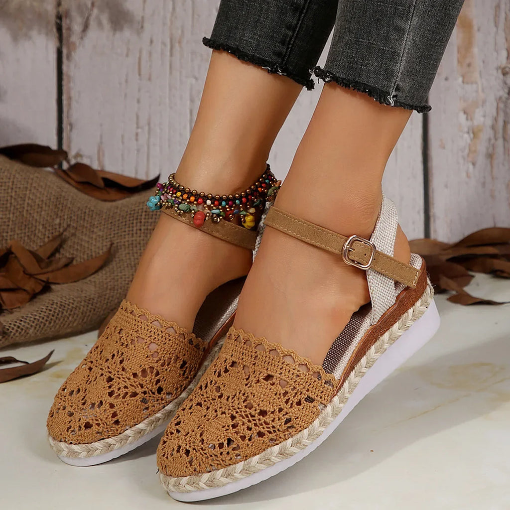 Hollow Fabric Roman Shoes Summer Travel Round Head Wedge Toe Fashion Sandals Comfortable Thick-sole Women's Shoes 2026
