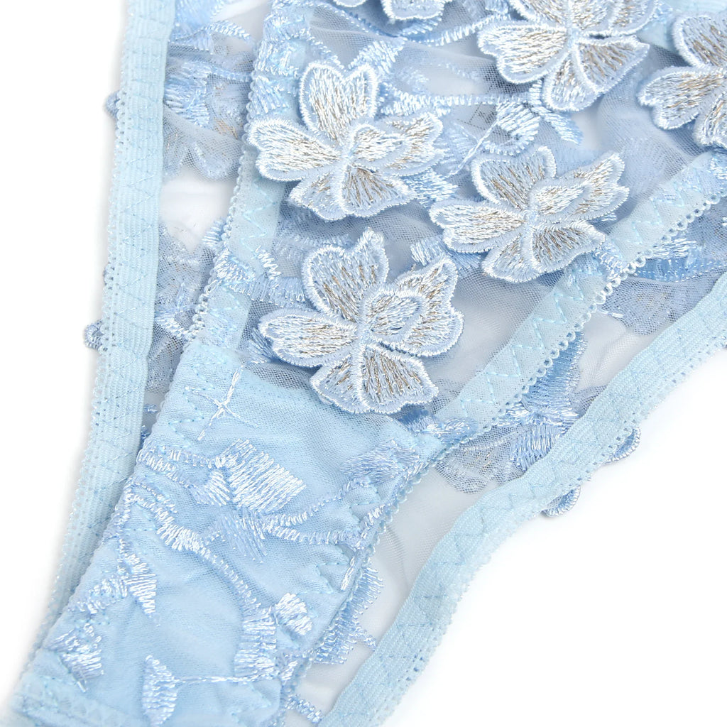 Blue Floral Lace Mesh Bra and Panties Set for Women Push Up Underwire Adjustable Straps Daily Sleepwear Romantic Fancy Lingerie