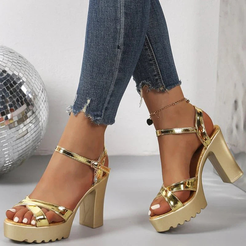 Summer Luxury Diamond Buckle Strap Women's Pumps Square Heel Solid Pumps Shoes Women Fashion Pu Platform High Heels Female