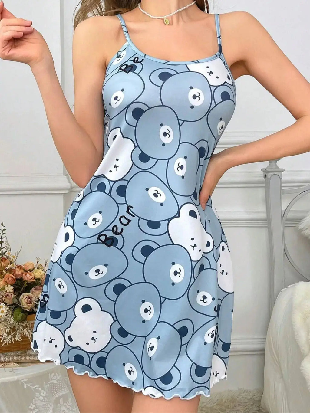 Summer Nightgowns Women Sleepwear Cute Bear Printed Night Dress Nighties Comfortable Casual Sexy Nimi Dress Sleepshirts