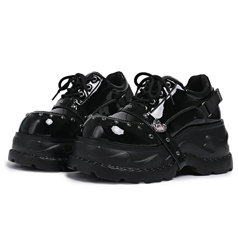 2026 Chunky Platform Punk Sneakers Women Belt Decor Lace Up Thick Bottom Vulcanized Shoes Woman Heighten Rivets Goth Shoes Mujer
