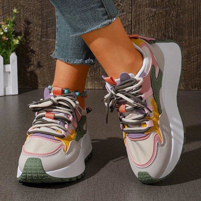New Mixed Color Chunky Platform Sneakers Women 2026 Fashion Lace Up Thick Bottom Vulcanized Shoes Woman Non Slip Old Dad Shoes