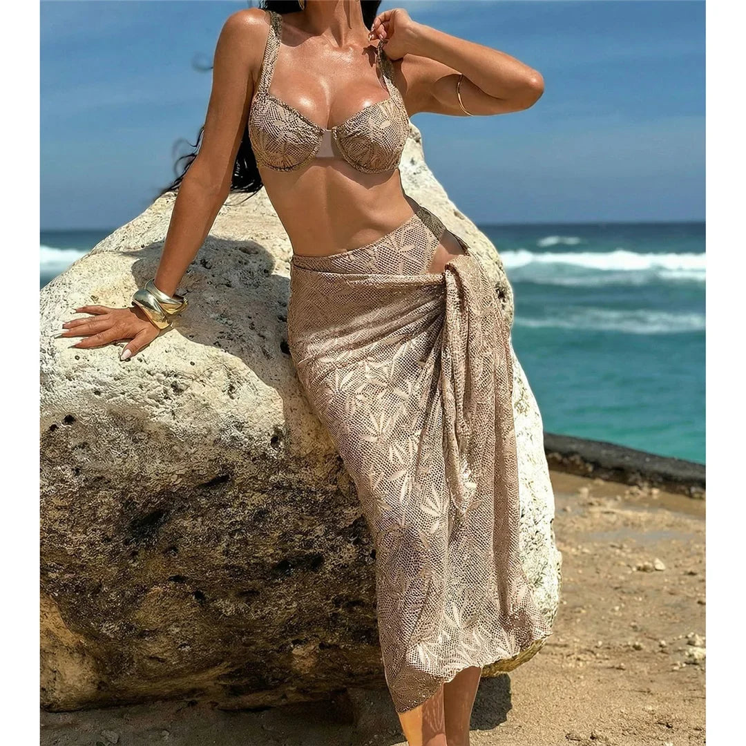 With Sarong Underwired Bikini Female Swimsuit Women Swimwear Three-pieces Bikini set Brazilian Bather Bathing Suit Swim V7936