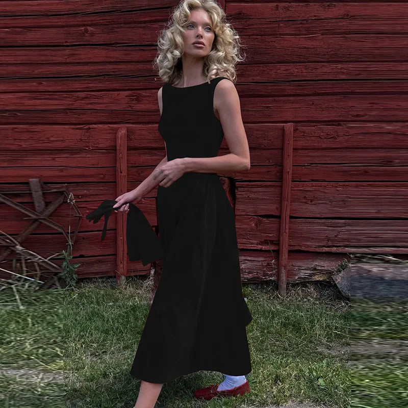 Chic Elegant O-neck Sleeveless Backless A-line Long Dresses Red Black 2026 Summer High Waist Tunics Zip-up Party Evening Dress