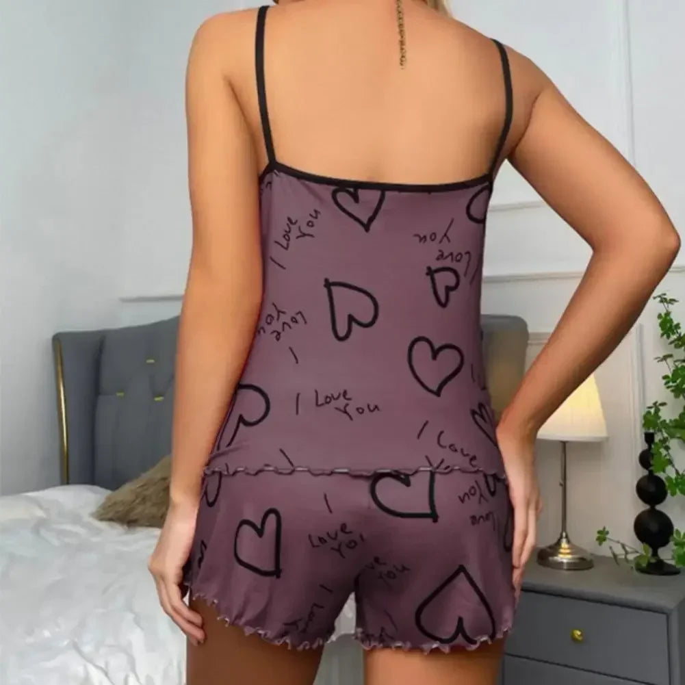 Summer Casual Pajamas Set for Women Sleepwear Red Heart Print Round Neck Ice Silk Top T-Shirt and Shorts Sets Loungewear