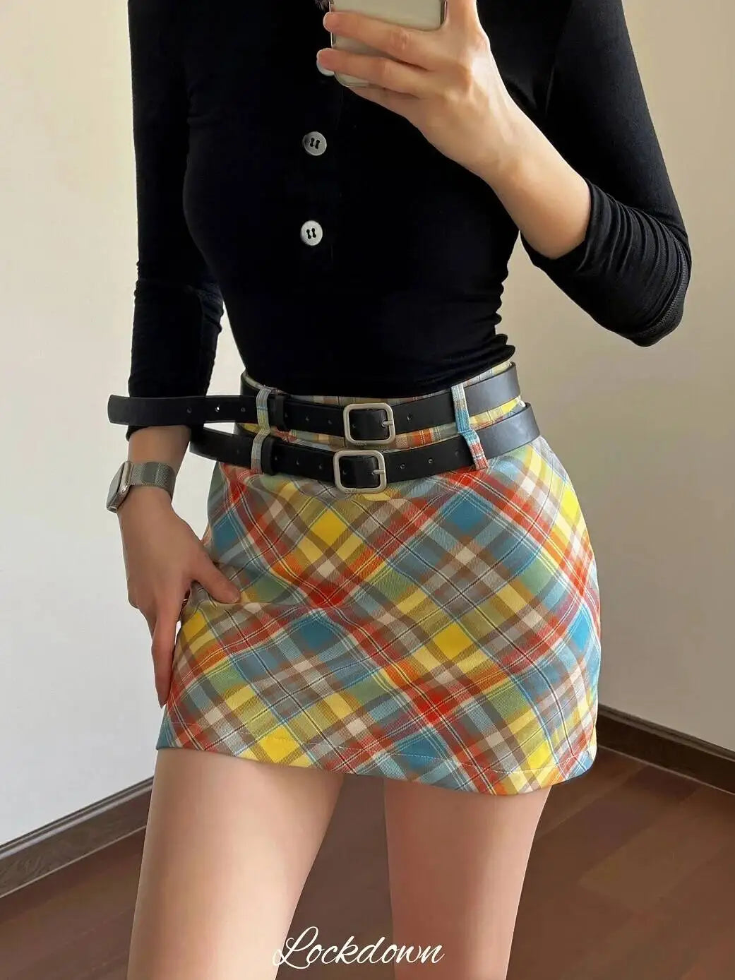 Plaid Double Waistband A-line Short Skirt  Women American Style Street High Waist Casual Collision Color Wrap Hip Skirt OJR7