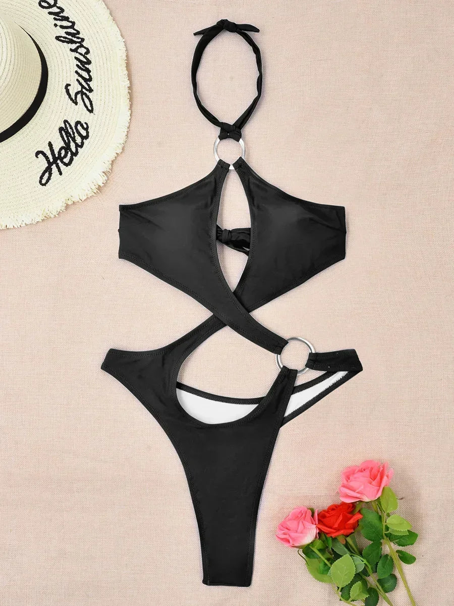 Sexy Tummy Cut Out Halter Women Thong Swimwear One Piece Swimsuit Female High Cut Monokini Rings Bathing Suit Swim Beach Wear