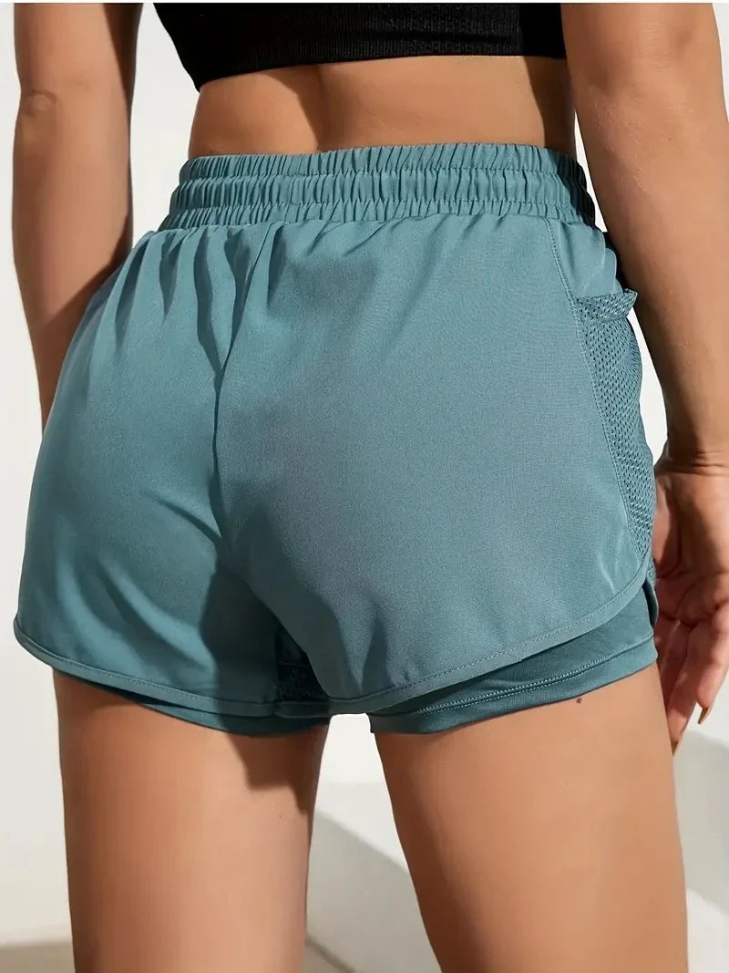 Women's Elastic Sports Shorts, Shorts With Pockets, Fake Two-Piece Yoga Leggings Running And Training